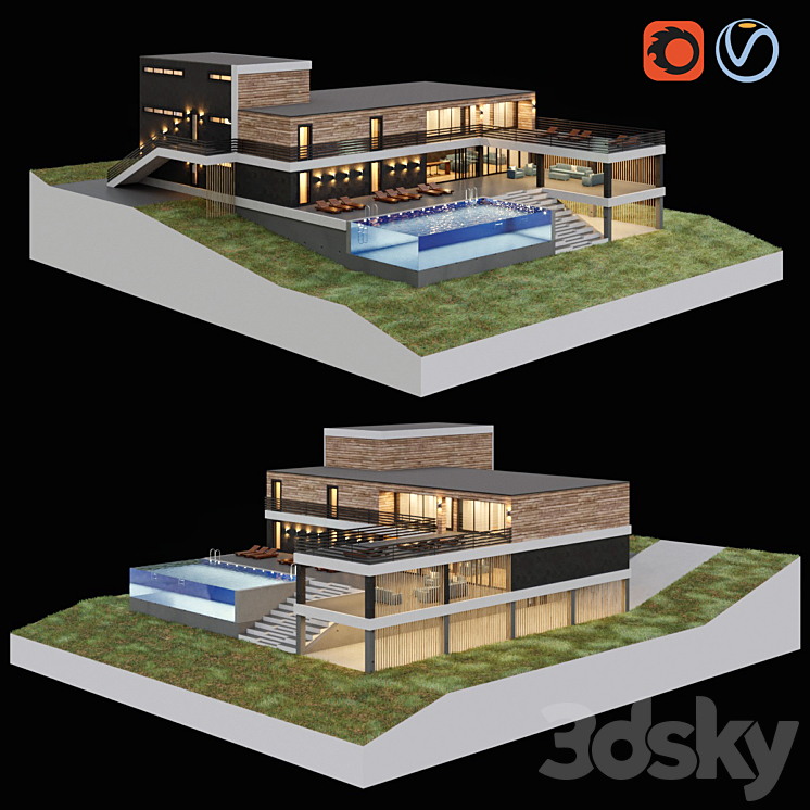 带水族馆游泳池的别墅（2314803__Vray,Corona）