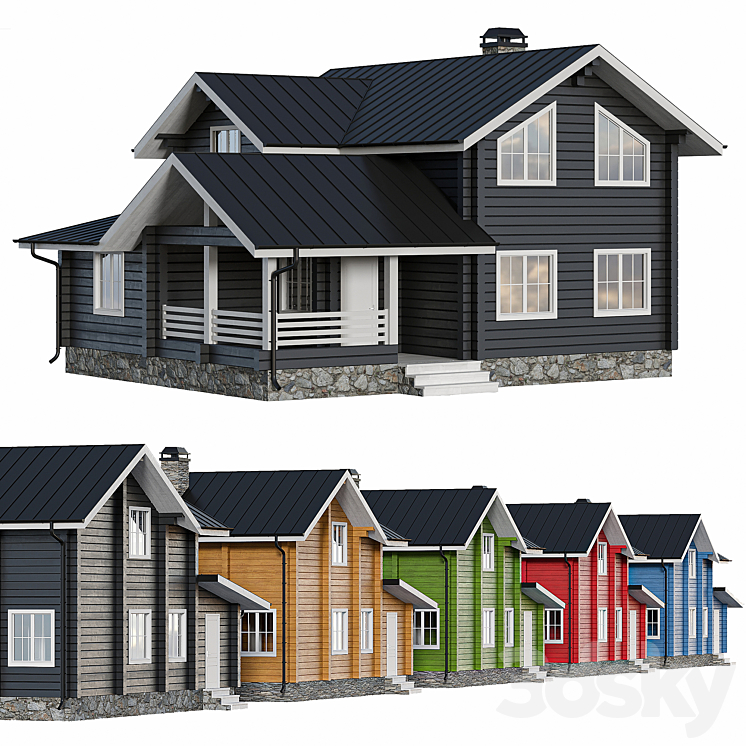 由不同颜色的胶合层压木材制成的乡村木制两层房屋（3950553_多边形_Corona）