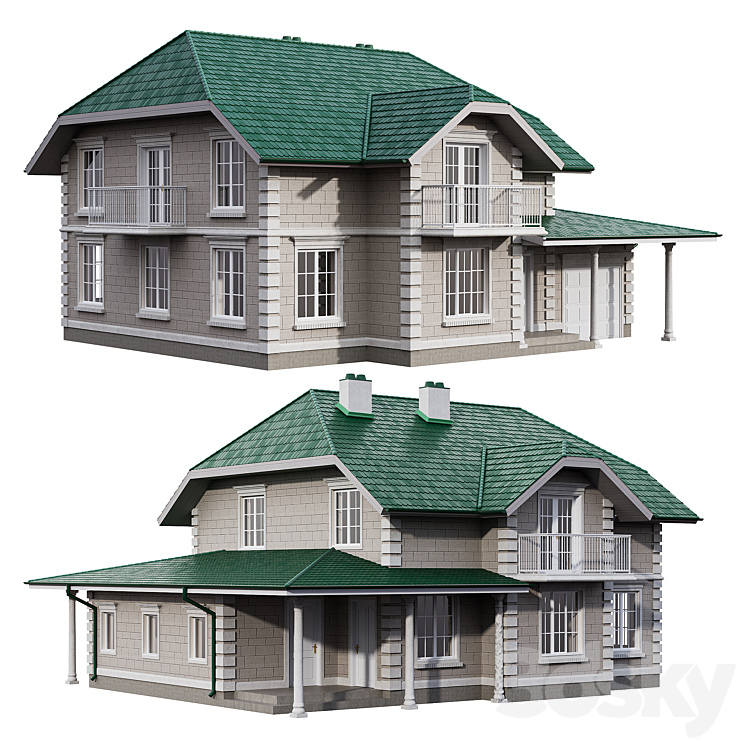 两层楼的房子，古典风格，外墙粉刷和柱子（5811904_正方形_Corona）