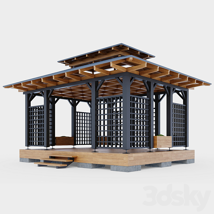 带装饰板条的木制凉亭（6356489_长方形_Vray,Corona）