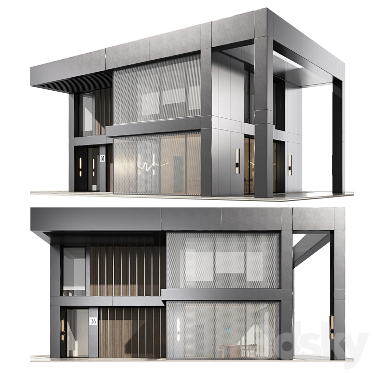 现代平屋顶两层木条玻璃幕墙房屋（7786090_长方形_Vray,Corona）